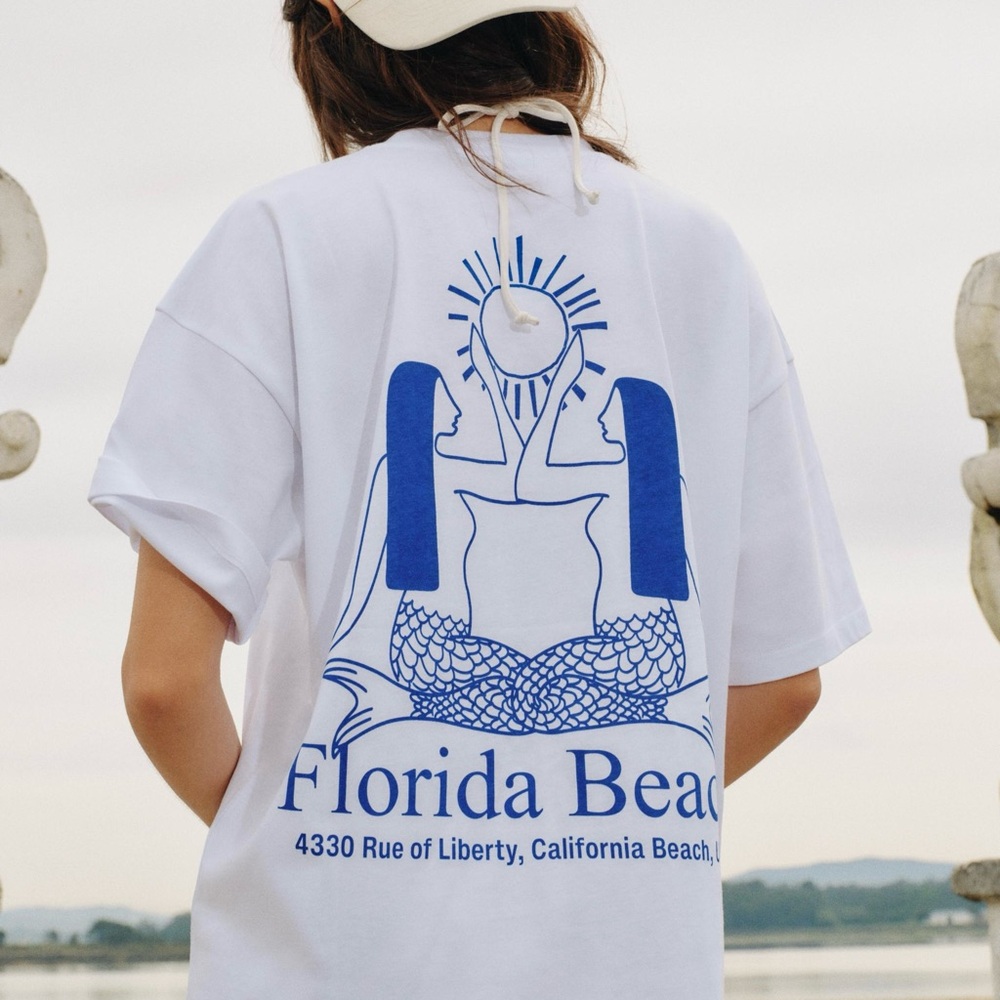 Zara Florida Beach Graphic Tee - White and Blue